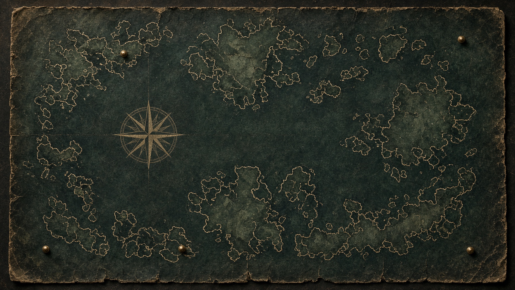 A dark parchment chart of an imaginary coast, compass rose blank, no place names.