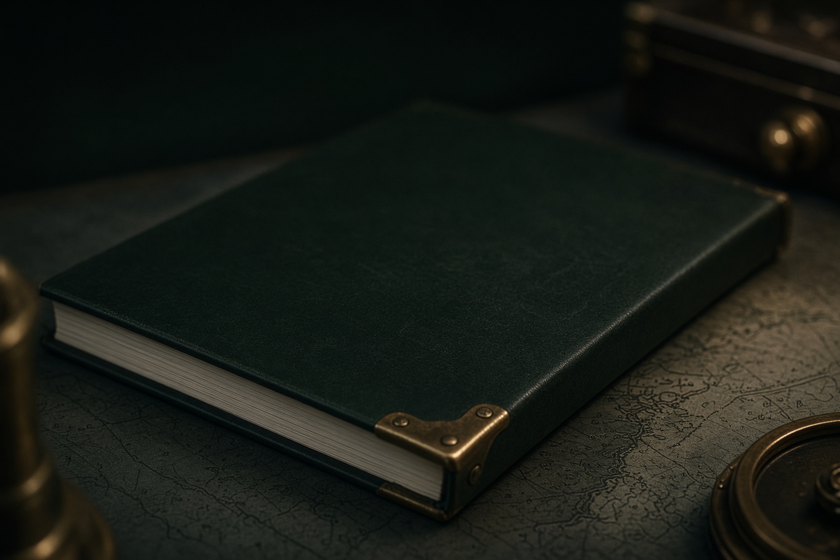 A closed dark leather logbook with blank cover and brass corners, lying on a chart.