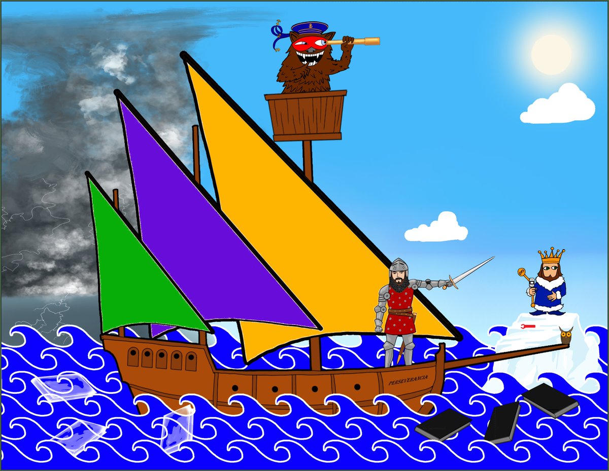 The original Ship picture: green, purple, and yellow sails, a bear in the crow's nest, a king on an iceberg, an owl on the bow.